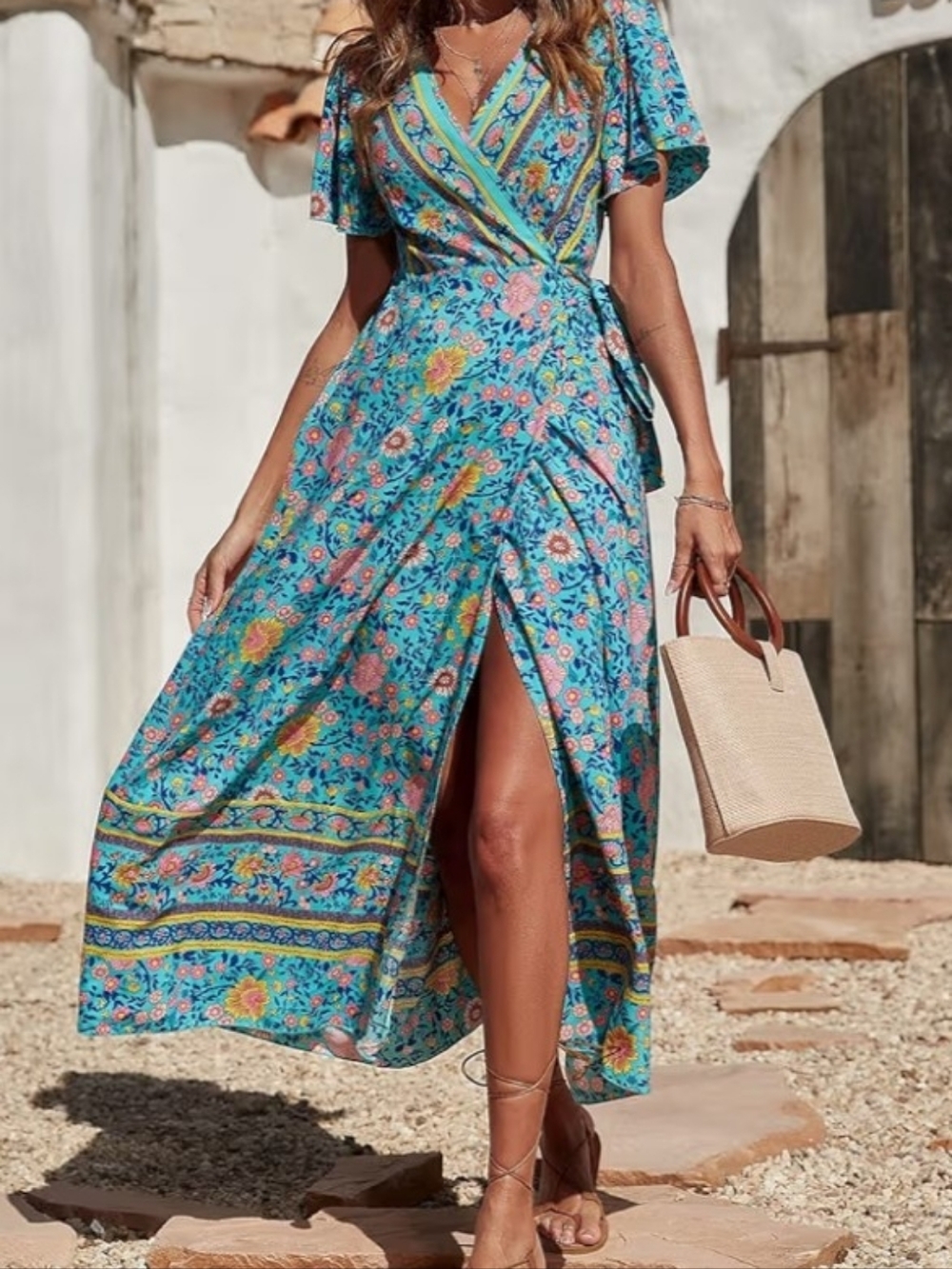 Floral Blue Wrap Maxi Dress with Side Slit